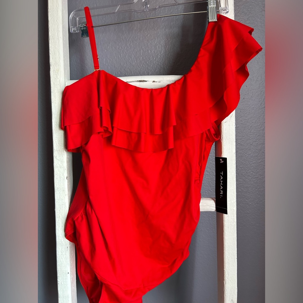 Red one piece bathing suit by Tahari.